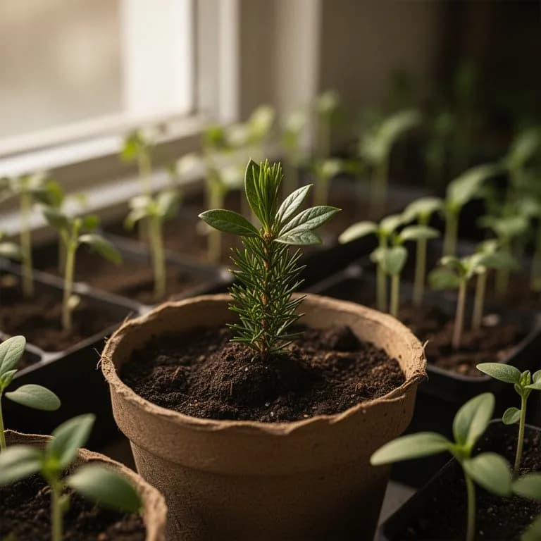 Plántula joven de tejo con suaves agujas verdes brillantes emergiendo de una pequeña maceta de vivero