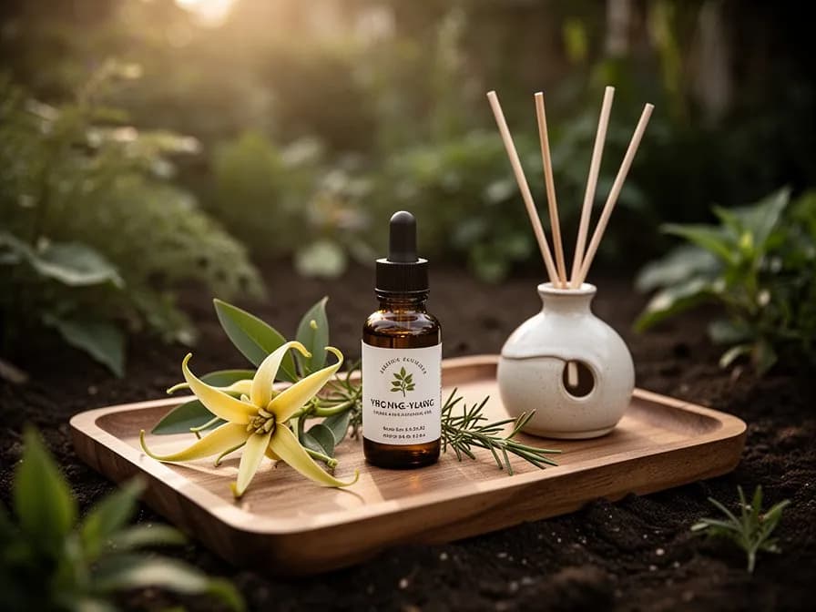 Small amber bottle of ylang-ylang essential oil beside fresh flowers