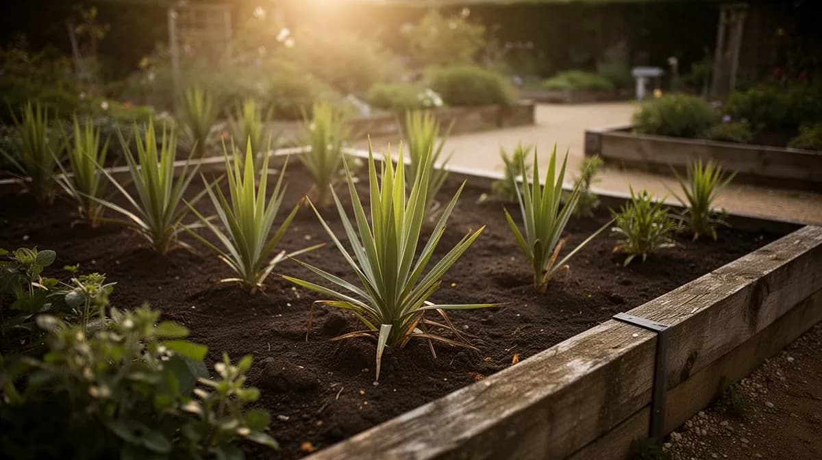 Row of yuca plants growing in a sunny garden bed with mulched soil