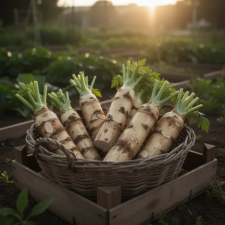 Freshly harvested yuca roots being pulled from the ground showing large tuberous roots