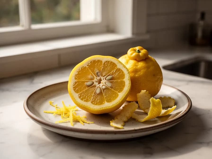 Freshly grated yuzu zest on a wooden cutting board next to a halved yuzu fruit