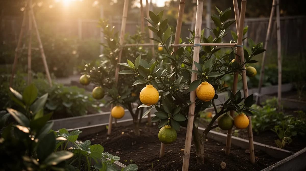 Dwarf yuzu tree growing in a large glazed pot on a sheltered courtyard patio