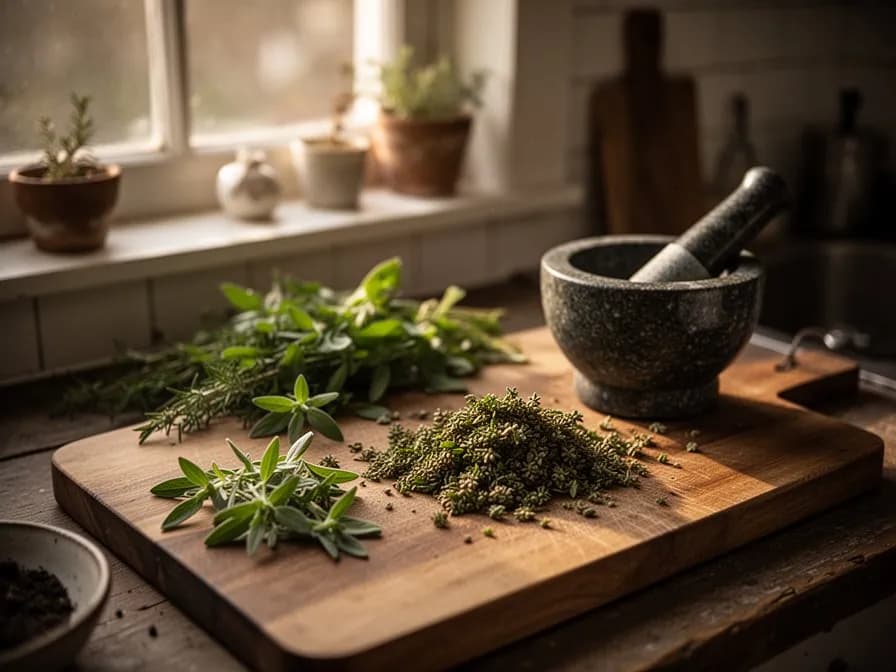 Traditionelle Za'atar-Gewürzmischung mit Sesamsamen, Sumach und getrockneten Kräutern in einer Keramikschale