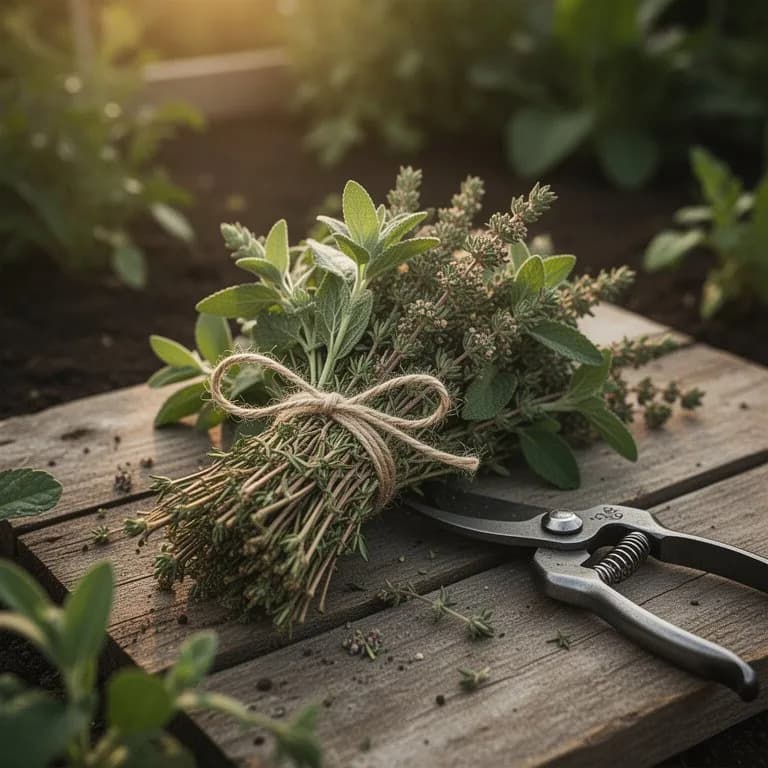 Frisch geerntete Za'atar-Stängel zu einem Bündel zusammengefasst mit graugrünen aromatischen Blättern