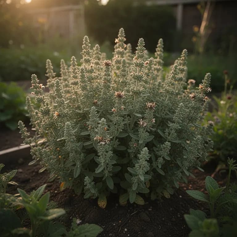 Ausgewachsene Za'atar-Pflanze mit dichten, verzweigten Stängeln und kleinen ovalen Blättern in einem sonnigen mediterranen Garten