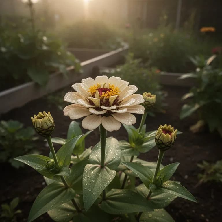 First zinnia bloom opening in vibrant magenta
