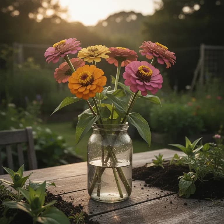 Riesen-Zinnien-Blüten hängen kopfüber zum Lufttrocknen in einem Schuppen
