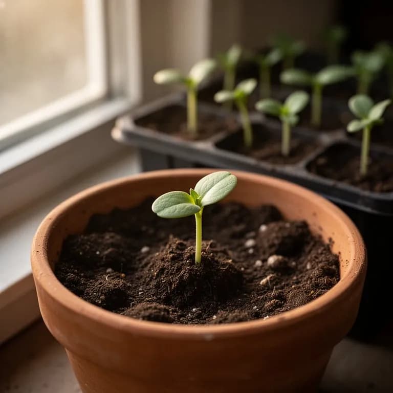 Plántulas jóvenes de zinnia con cotiledones ovalados y primeras hojas verdaderas emergentes