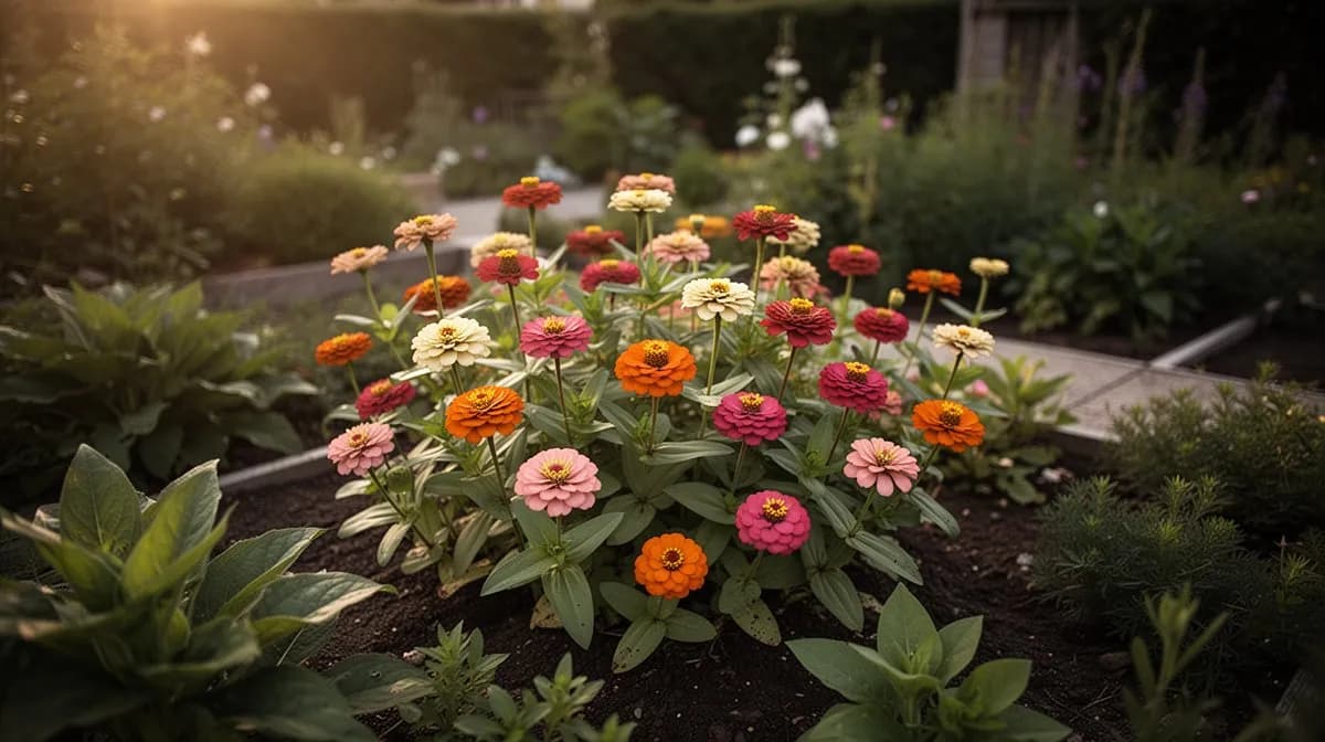 Flächenpflanzung von Profusion-Zinnien in gemischten Farben entlang einer Garteneinfassung