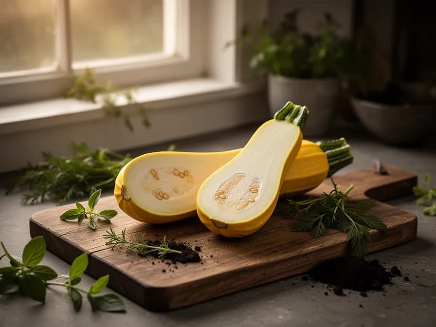 Cross-section of golden zucchini revealing pale yellow flesh and small seeds