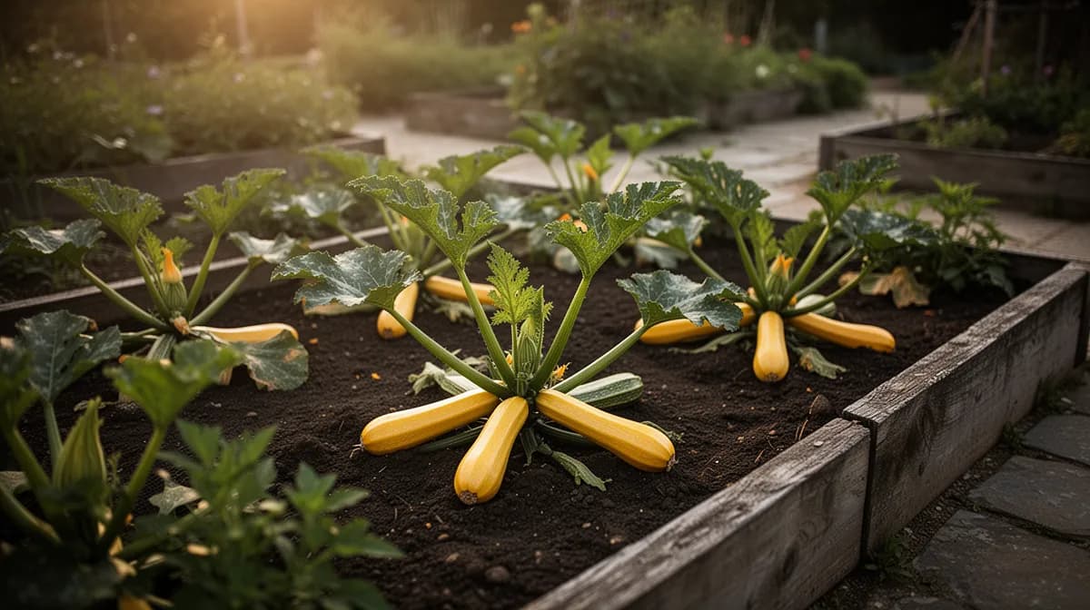 Golden zucchini plant sprawling in a sunny raised bed garden