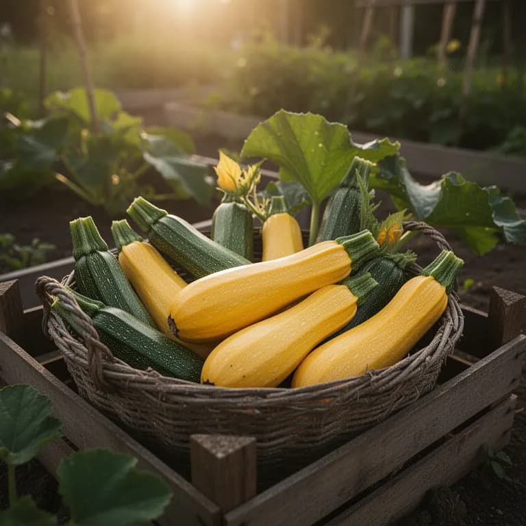 Freshly picked golden zucchini arranged in a garden basket