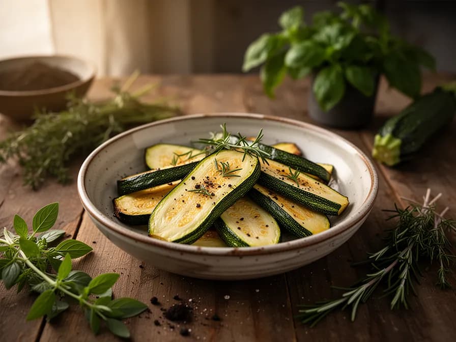 Grilled golden zucchini planks with char marks and fresh herbs