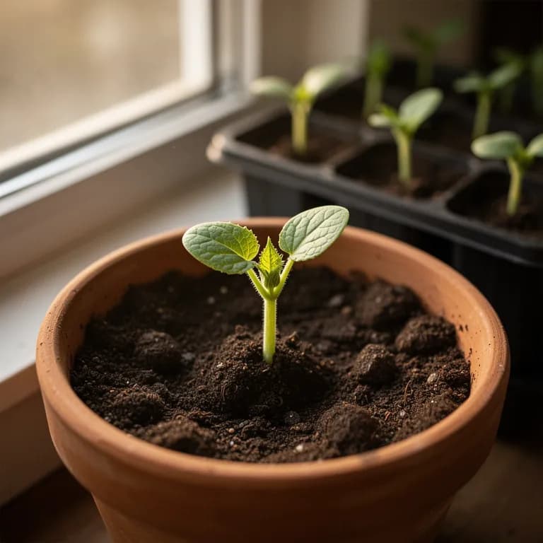 Golden zucchini seedling emerging with large, rounded cotyledon leaves