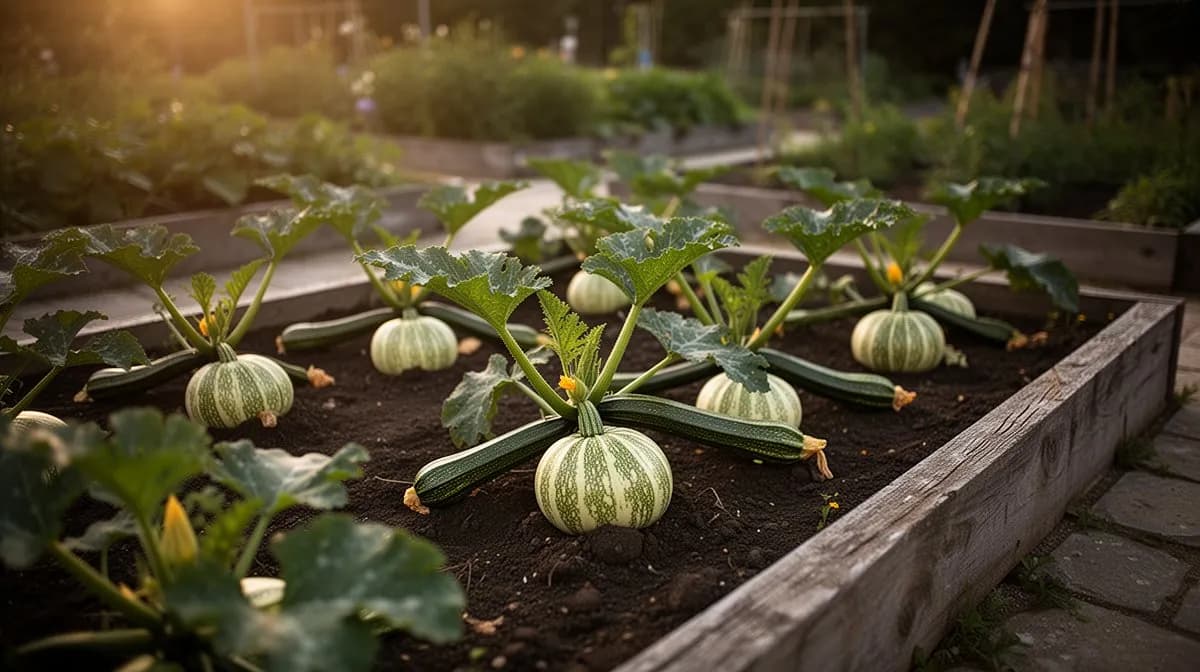 Compact round zucchini plant growing in a raised bed with several developing fruits visible