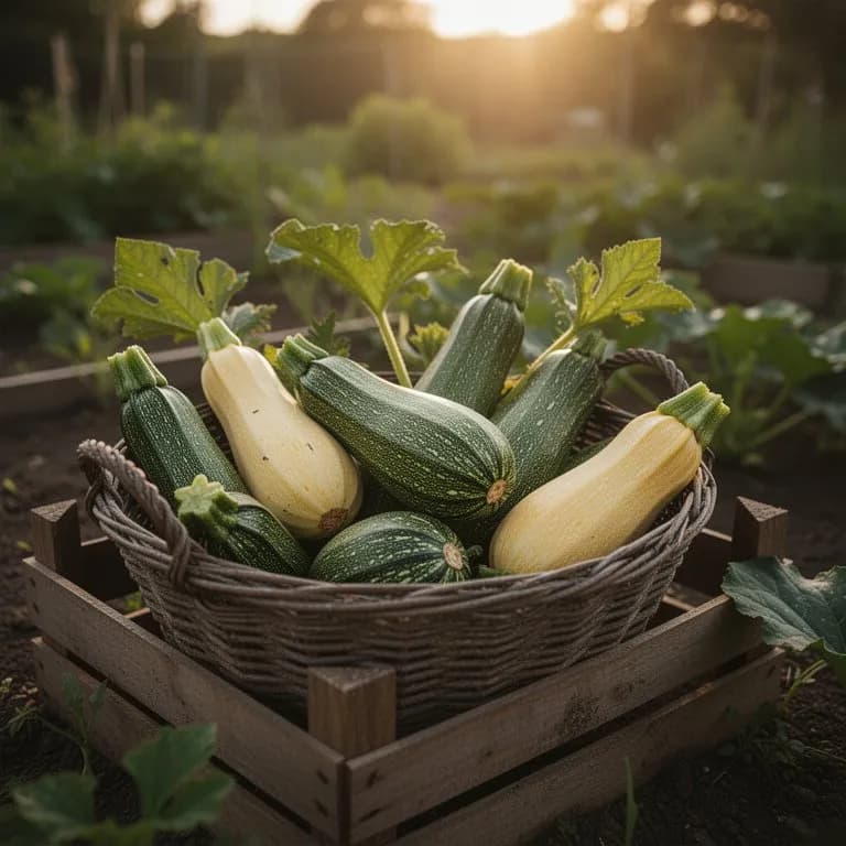 Freshly harvested round zucchini fruits in various sizes displayed on a wooden cutting board