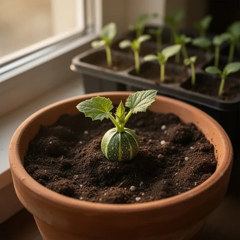 Young round zucchini seedling with broad cotyledon leaves emerging from rich garden soil