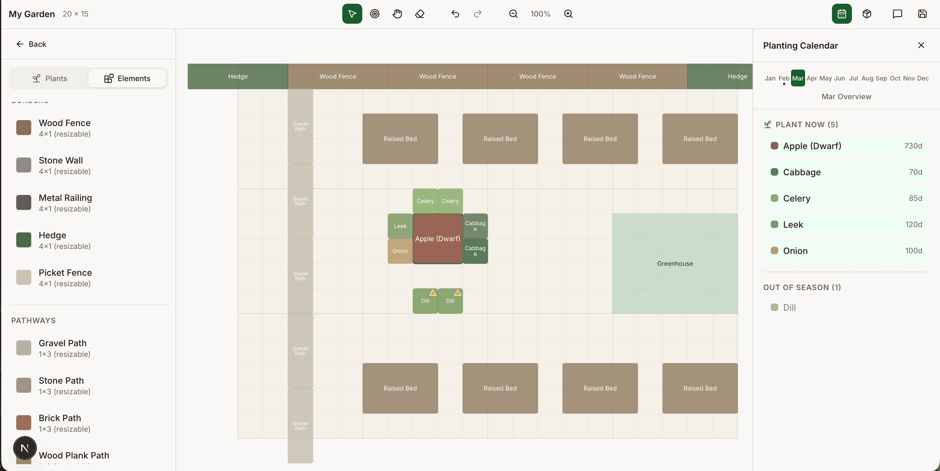 PlotMyGarden garden editor with drag-and-drop planting calendar