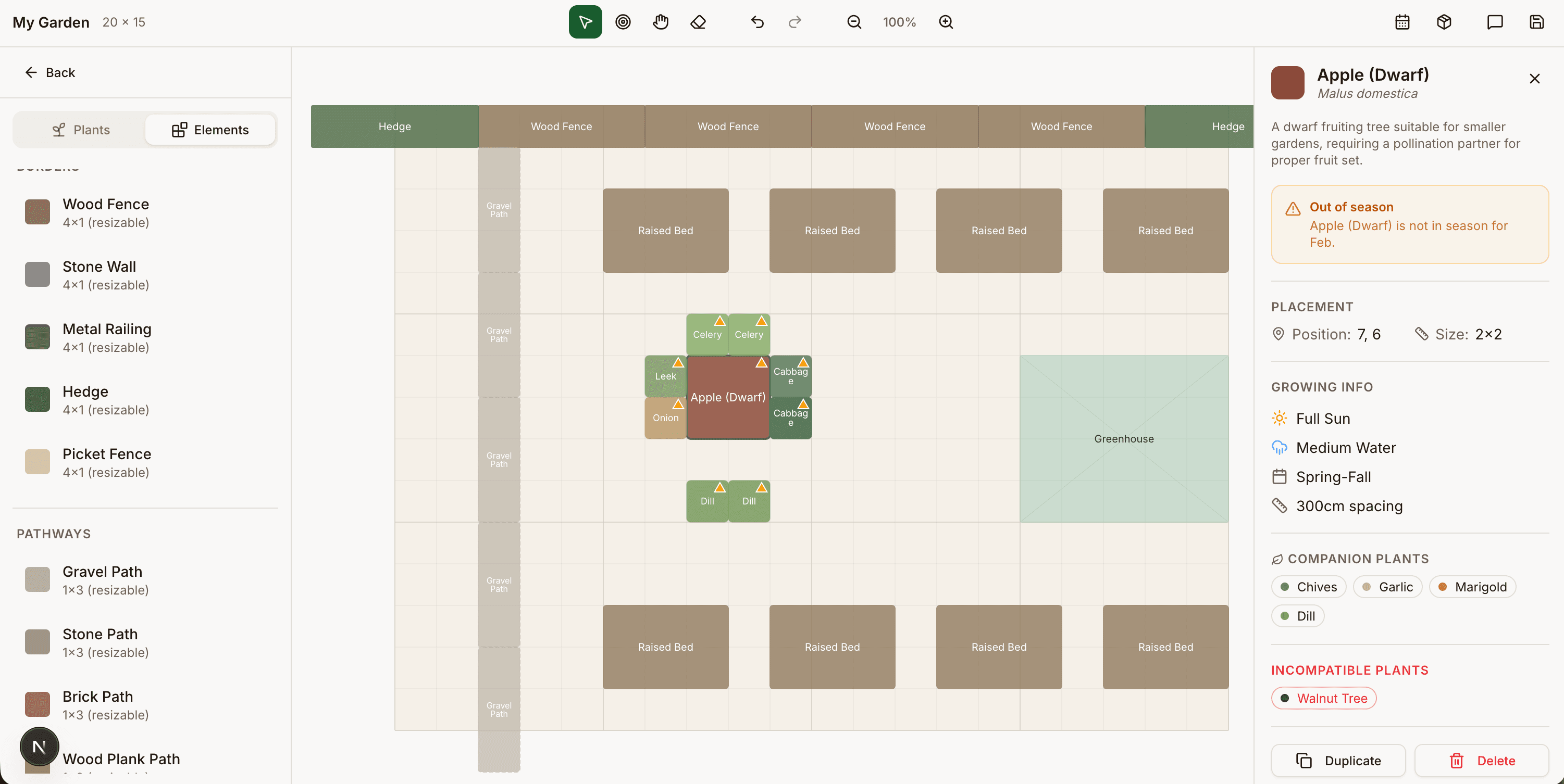 Plant details panel with growing information and companion planting