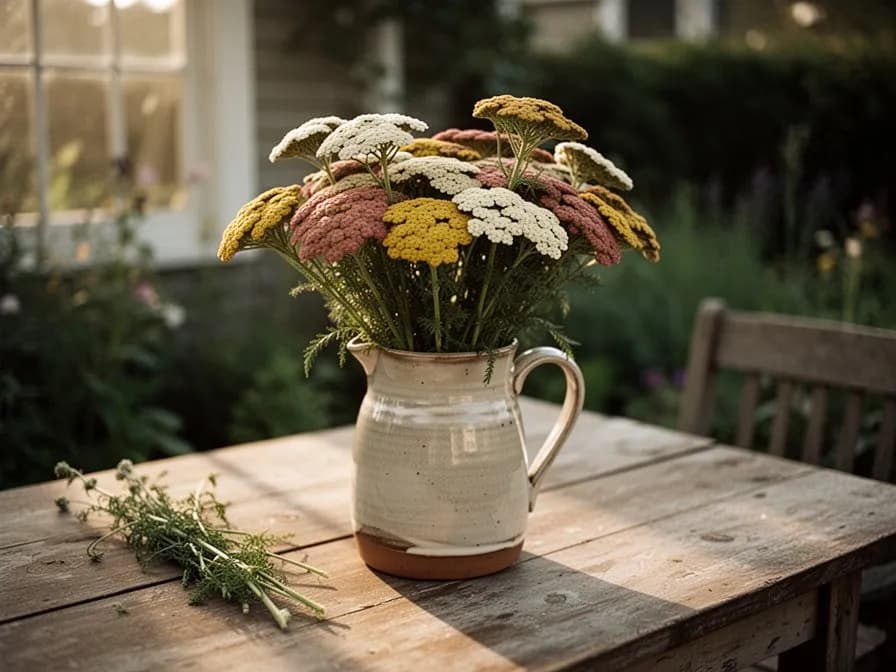 Taza de vidrio de té de milenrama de color dorado pálido con hojas frescas y cabezas florales secas colocadas al lado