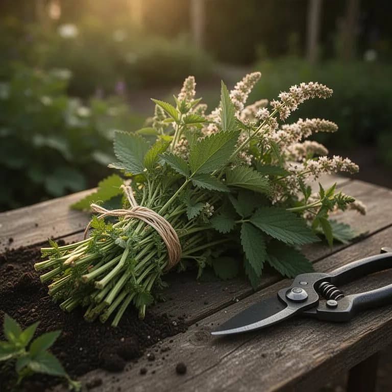 Tallos de agrimonia recién cosechados con hojas y flores colocados sobre un paño de lino