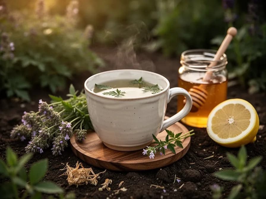 Una taza de cristal con té herbal dorado de agrimonia y ramitas frescas de agrimonia al lado