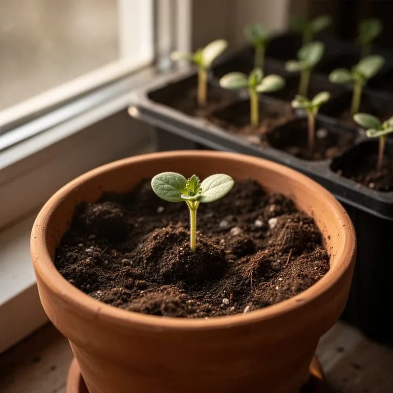 Joven plántula de agrimonia con su primer par de hojas pinnadas y vellosas emergiendo de un suelo rico