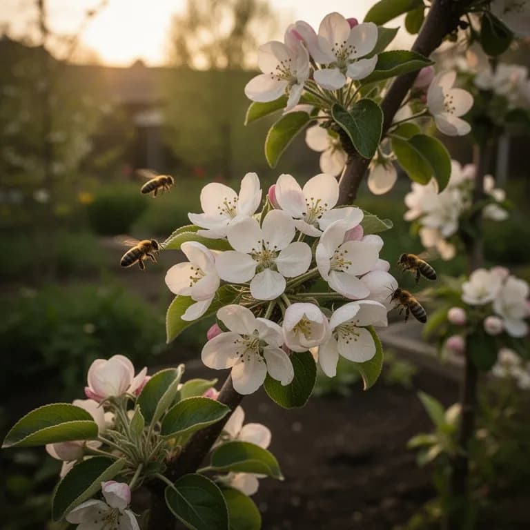 Fuji apple tree branch covered in pale pink blossoms with golden anthers in spring