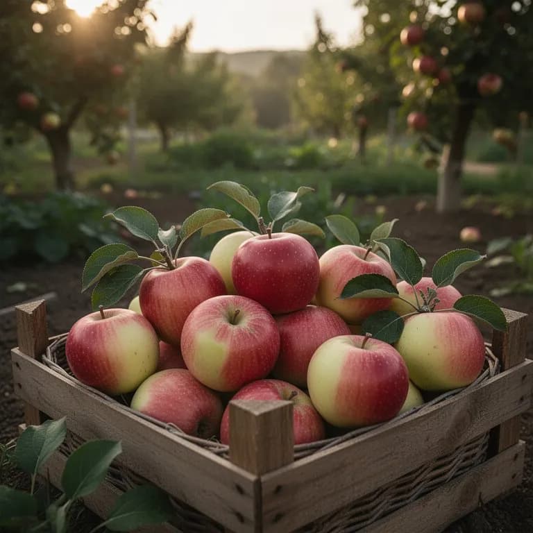 Hand holding a large ripe Fuji apple just picked from the tree in an autumn orchard