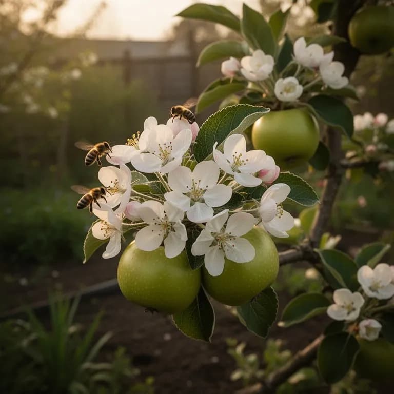 White apple blossoms on a Granny Smith tree branch in spring