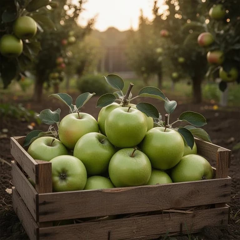 Freshly harvested Granny Smith apples piled in a wooden orchard basket