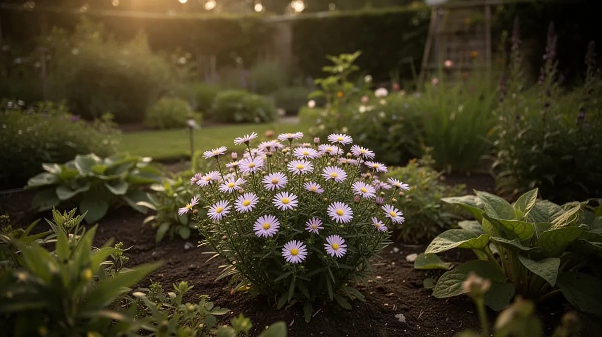 Asters planted alongside goldenrod and black-eyed Susans in a fall garden border