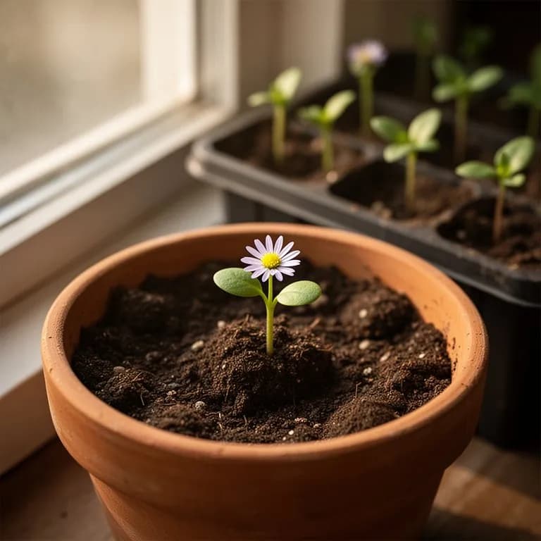Young aster seedlings with small basal leaves emerging in spring