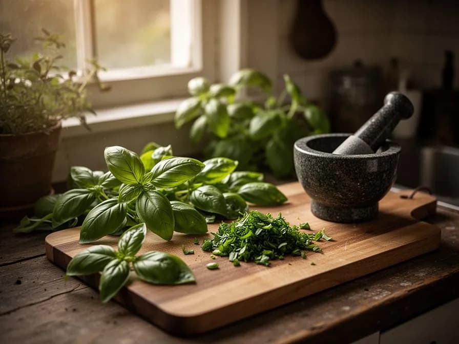 Several basil varieties including Genovese, Thai, and Purple basil