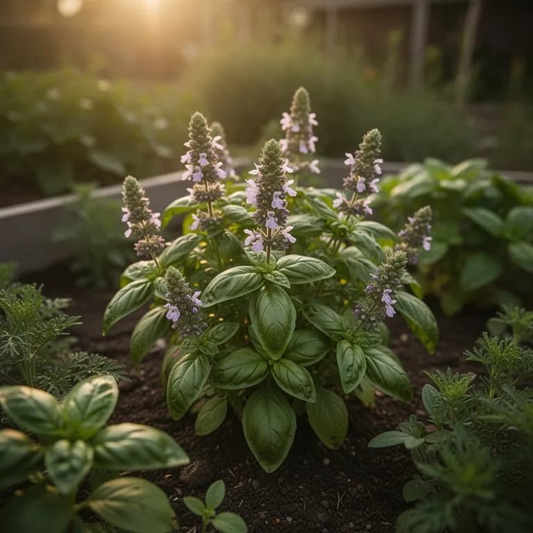 Basil plant beginning to bolt with white flower spikes