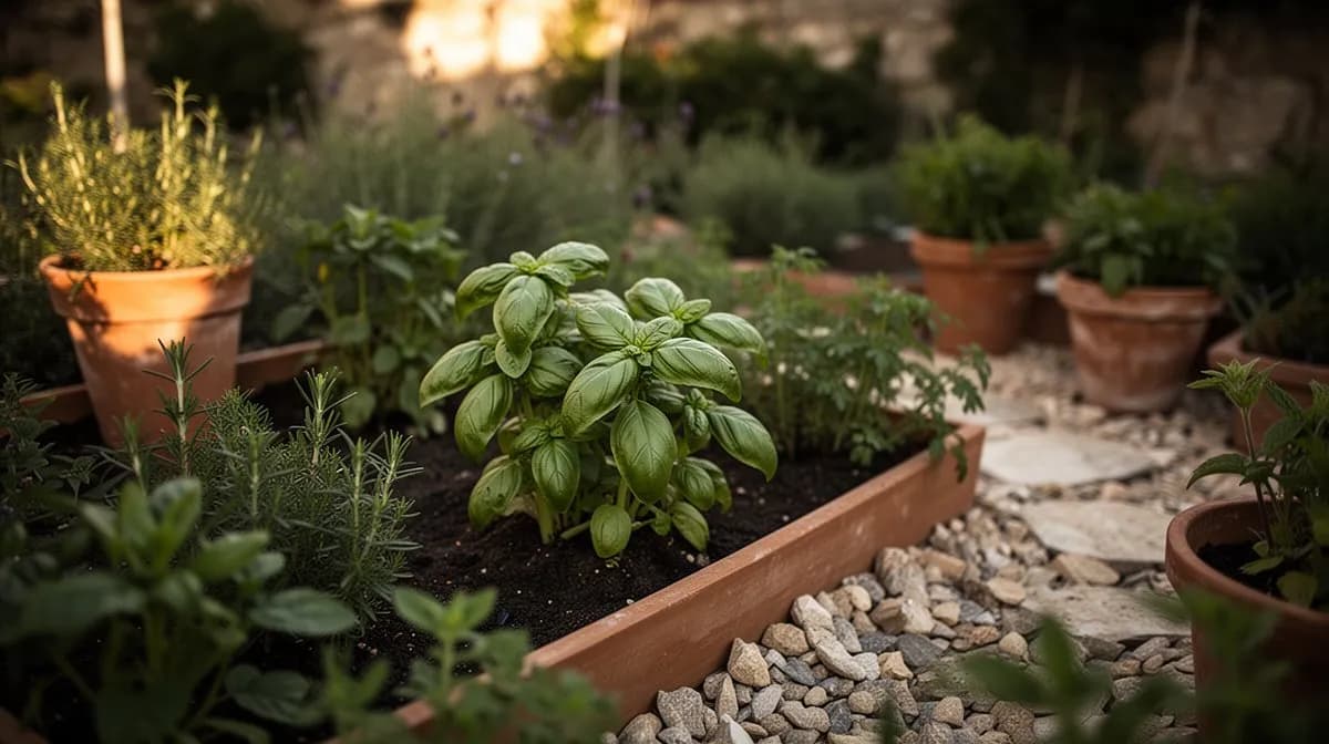 Basil planted alongside tomatoes in a companion planting arrangement
