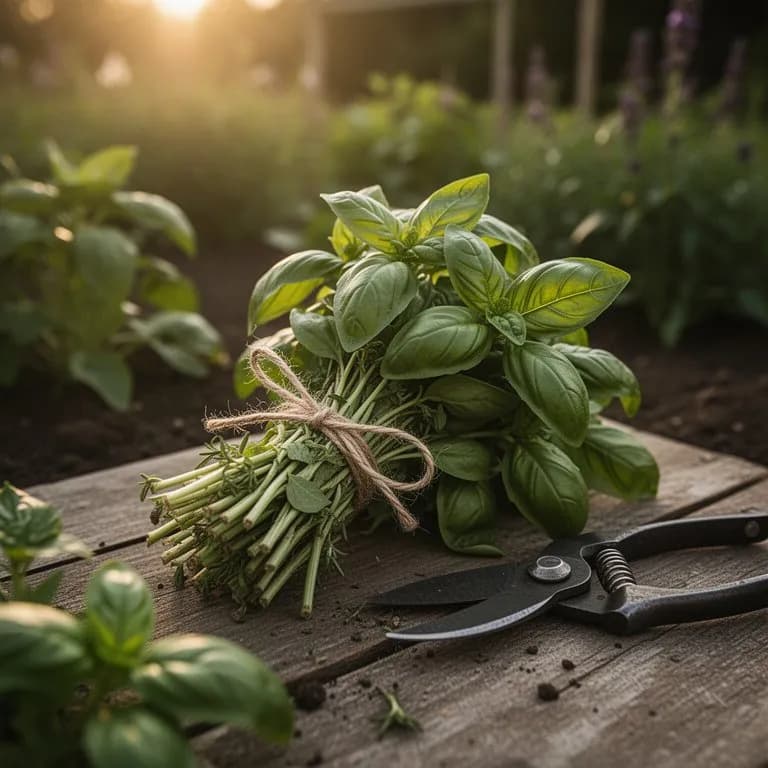 Gardener pinching basil leaves from the top of the plant