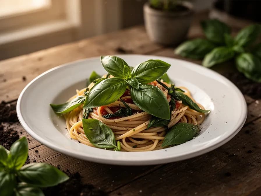 Leuchtend grüne frische Pesto-Sauce in einem Marmormörser mit Pinienkernen und Parmesankäse daneben