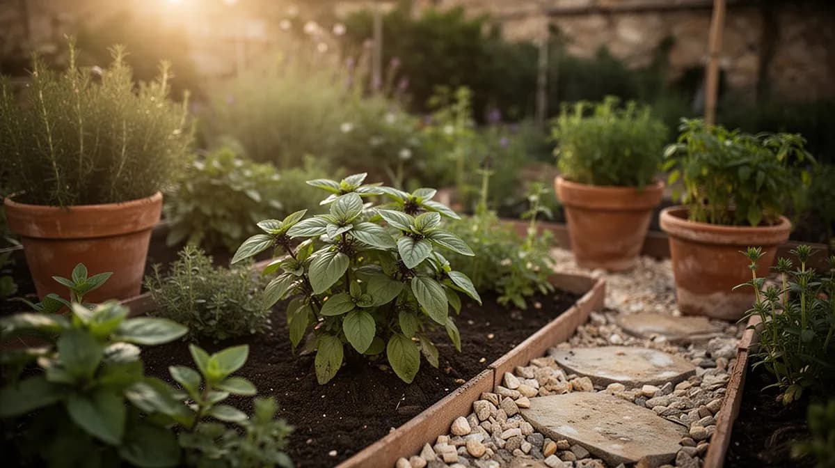 Plantas maduras de albahaca sagrada creciendo con vigor en un bancal elevado soleado con tallos algo púrpuras