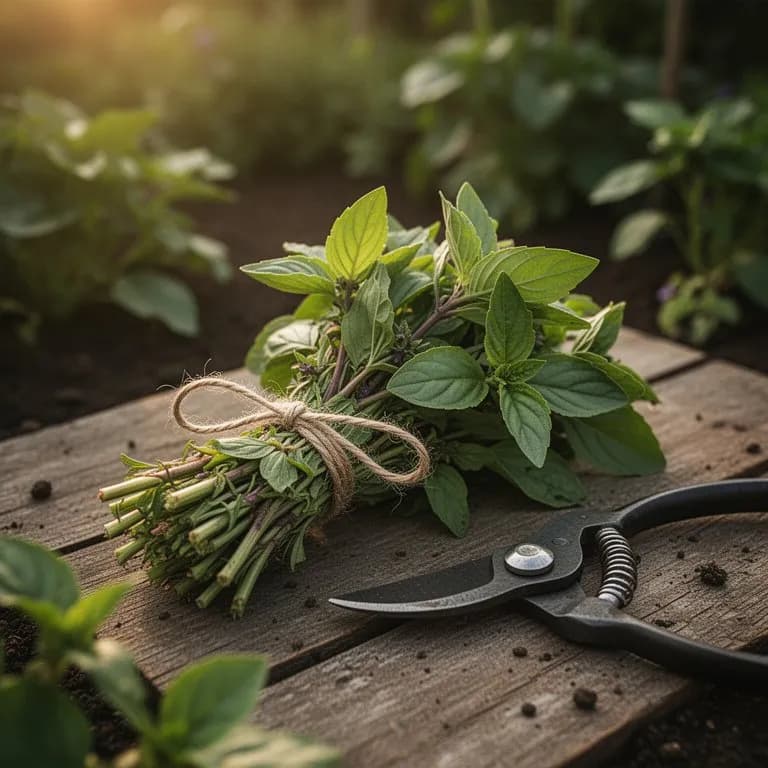 Manos cosechando con cuidado tallos frescos de albahaca sagrada con hojas aromáticas verdes y moradas