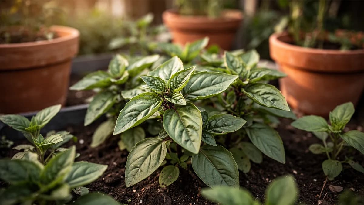 Hojas de albahaca tailandesa añadidas a un wok humeante con verduras y tofu