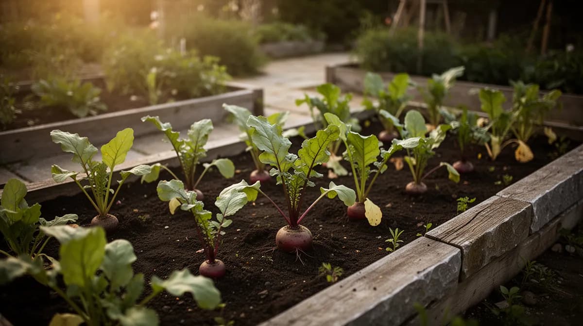Rows of beets growing in a raised bed
