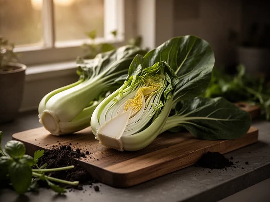 Querschnitt von Pak Choi mit geschichteten weißen Stielen