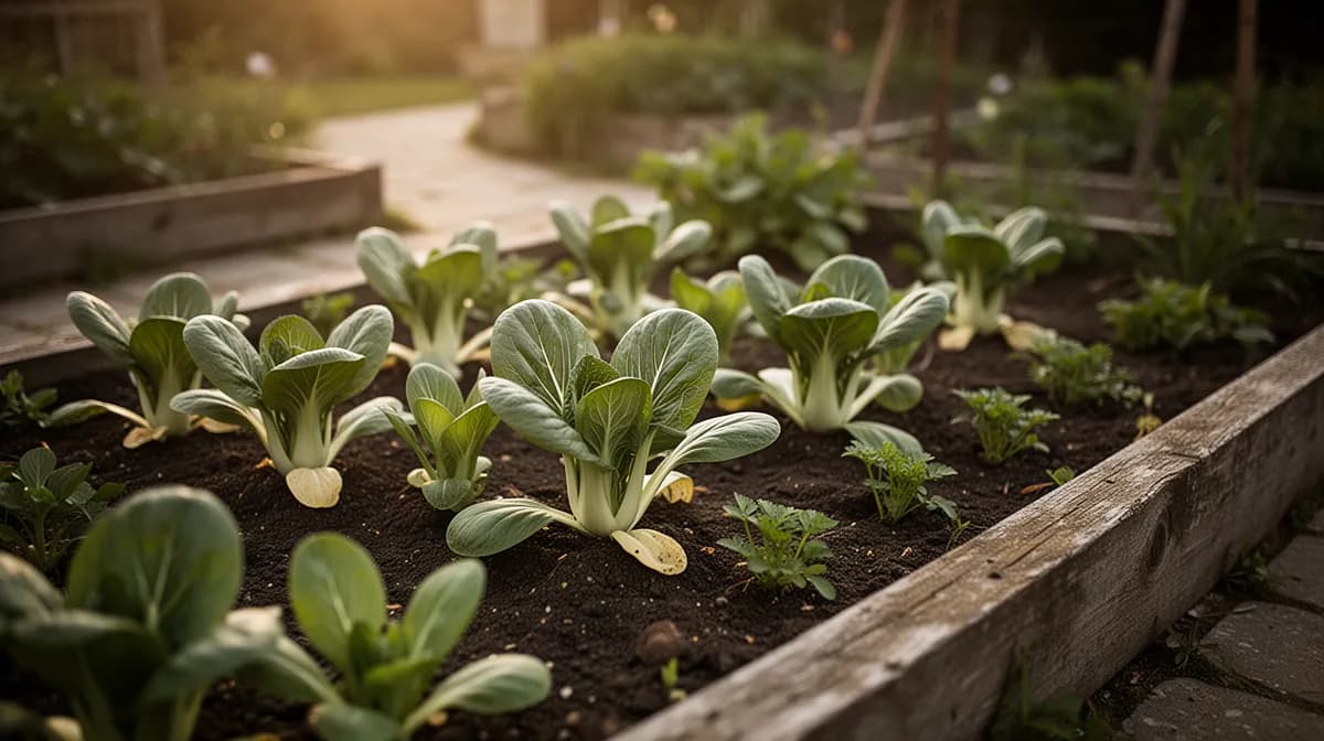 Reihen von Pak Choi in einem Kühlesaison-Gartenbeet