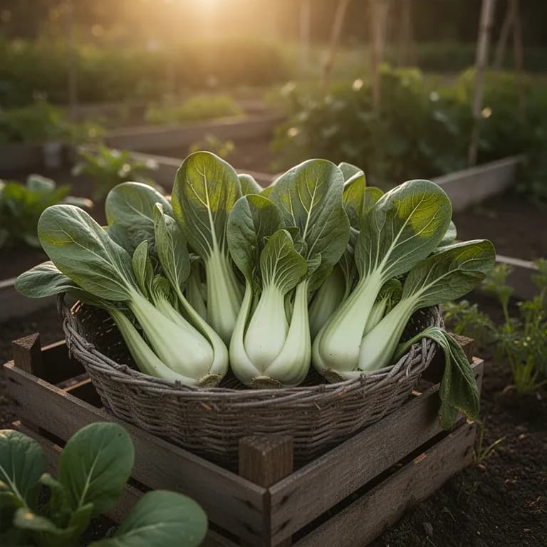 Frisch geerntete Pak-Choi-Köpfe in einem Gartenkorb