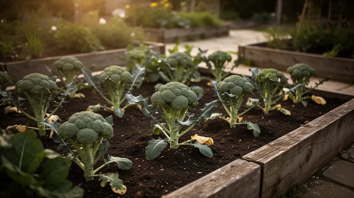 Broccoli plants growing in a well-maintained garden bed