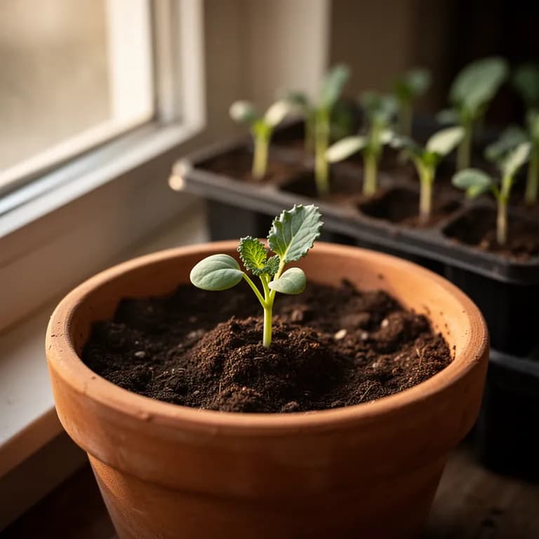 Young broccoli seedlings with first true leaves