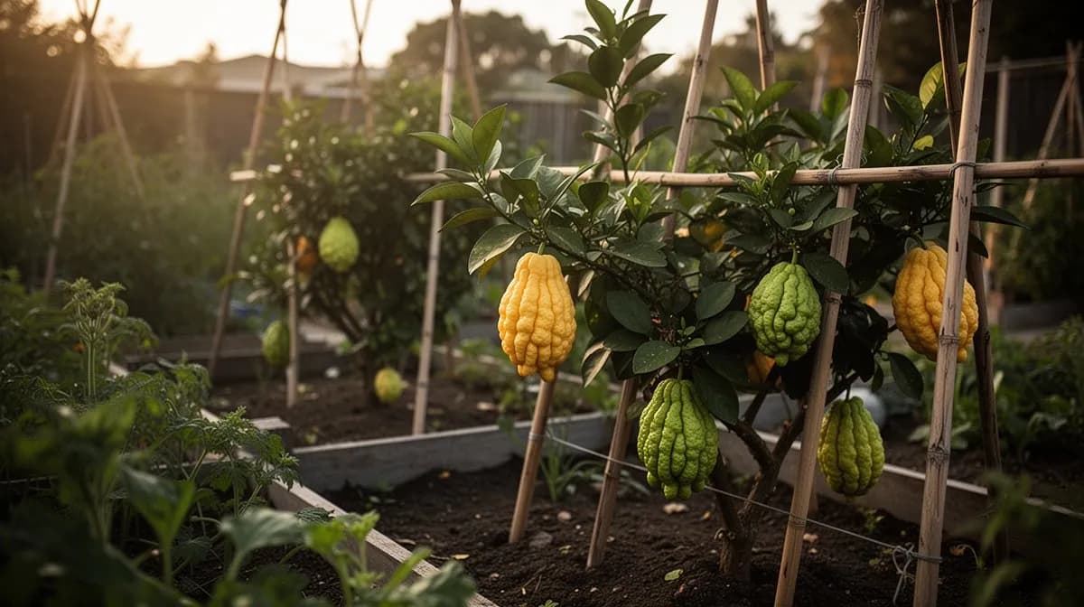 Limonero Mano de Buda en maceta sobre una terraza soleada con dos frutos amarillos maduros