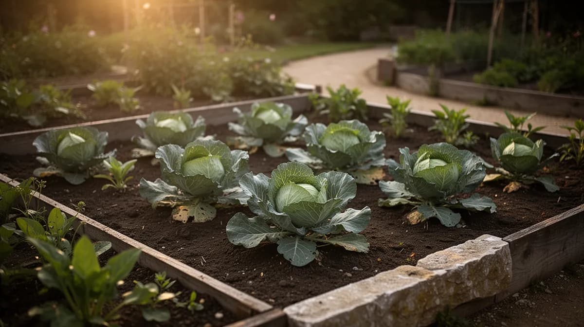 Reihen von Kohlpflanzen in einem gepflegten Gartenbeet