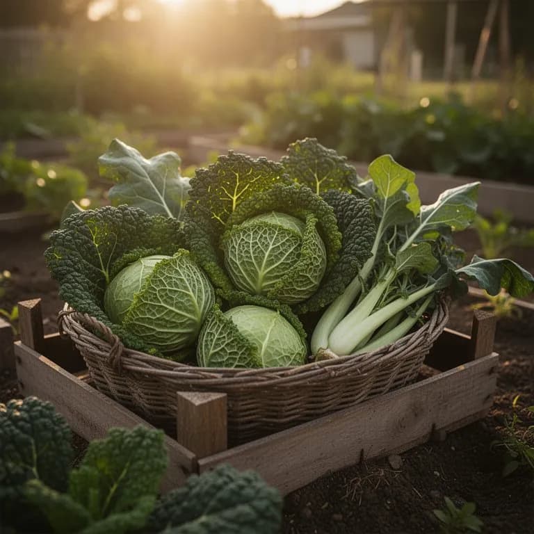 Frisch geerntete Mini-Wirsingköpfe in einem Gartenkorb mit tief grünen gekreuselten Außenblättern